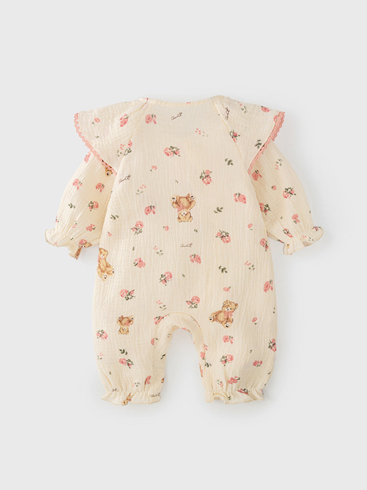 Autumn New Arrival Baby Girls Flowers and Teddy Pattern Butterfly Bows Attached Romper