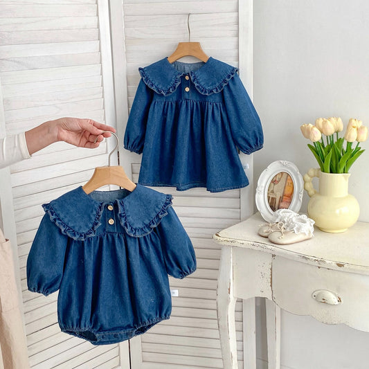 Conjunto de pijama y vestido de manga larga de mezclilla azul para niñas de primavera: conjunto a juego de princesa y hermana