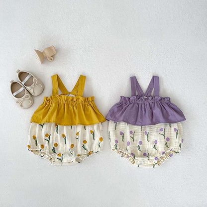 Summer New Arrival Baby Girls Sleeveless Flowers Pattern Color Patchwork Strap Onesie