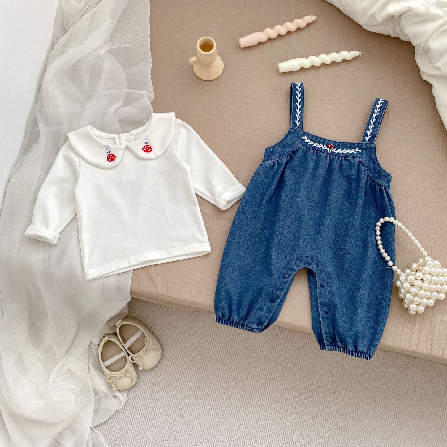 Arrival Autumn Baby Girls Long Sleeves Embroidered Top Shirt and Denim Overalls –  Clothing Set