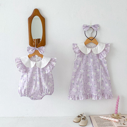 Recién llegado, mono y vestido con cuello Peter Pan y mangas abullonadas con estampado de flores para niñas de verano: conjunto de ropa a juego para hermanas 