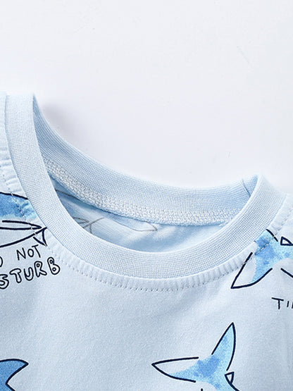 Summer Baby Kids Unisex Marine Sharks Animals Cartoon Pattern Short Sleeves T-Shirt And Shorts Casual Clothing Set