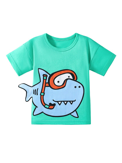 Kids’ Shark Cartoon Pattern Short Sleeves T-shirt in European and American Style for Summer