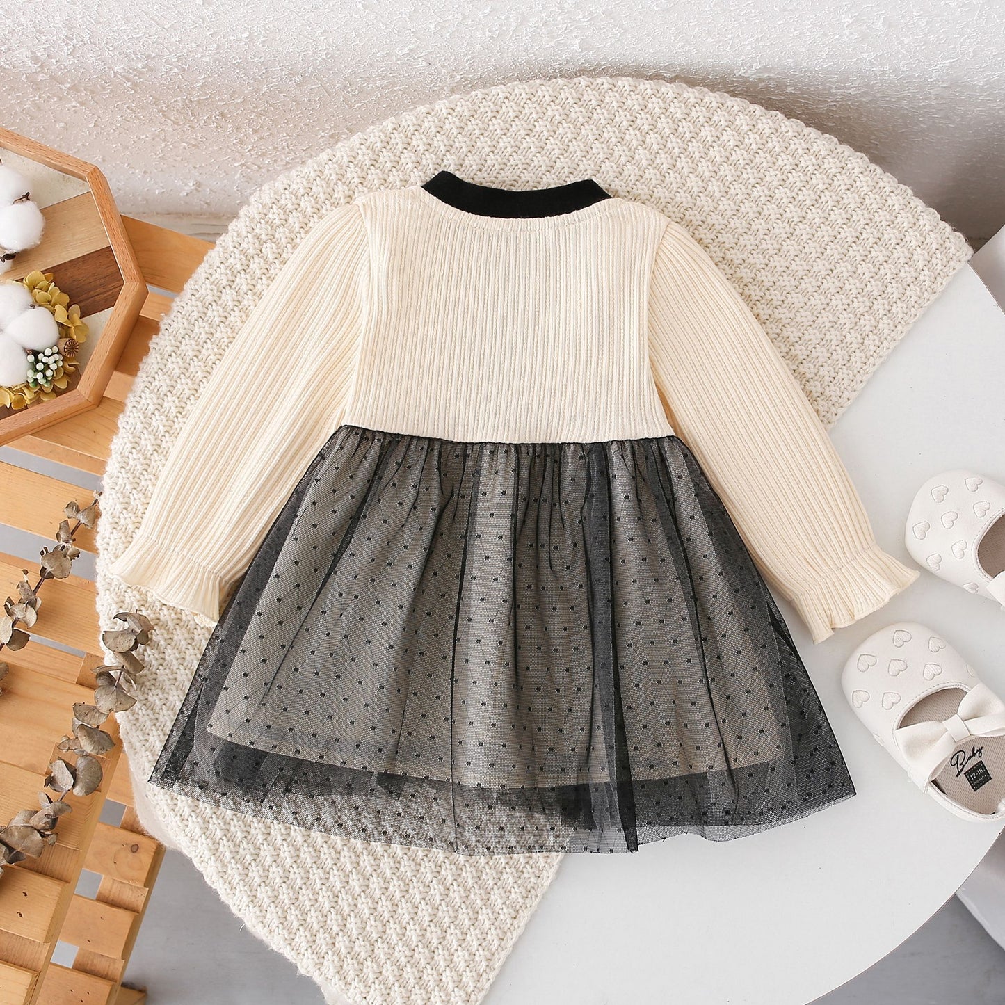 Arrival Autumn Girls Argyle Pattern Crew Neck Long Sleeves Tulle Patchwork Princess Dress