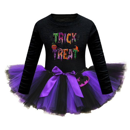 Arrival Girls’ Halloween Costume: Long Sleeves Cartoon Print Witches Cosplay Party Tulle Patchwork Dress