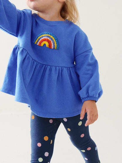 Spring And Autumn Girls Cute Rainbow Embroidery Pattern Long Sleeves Top Dress And Polka Dots Pants Clothing Set