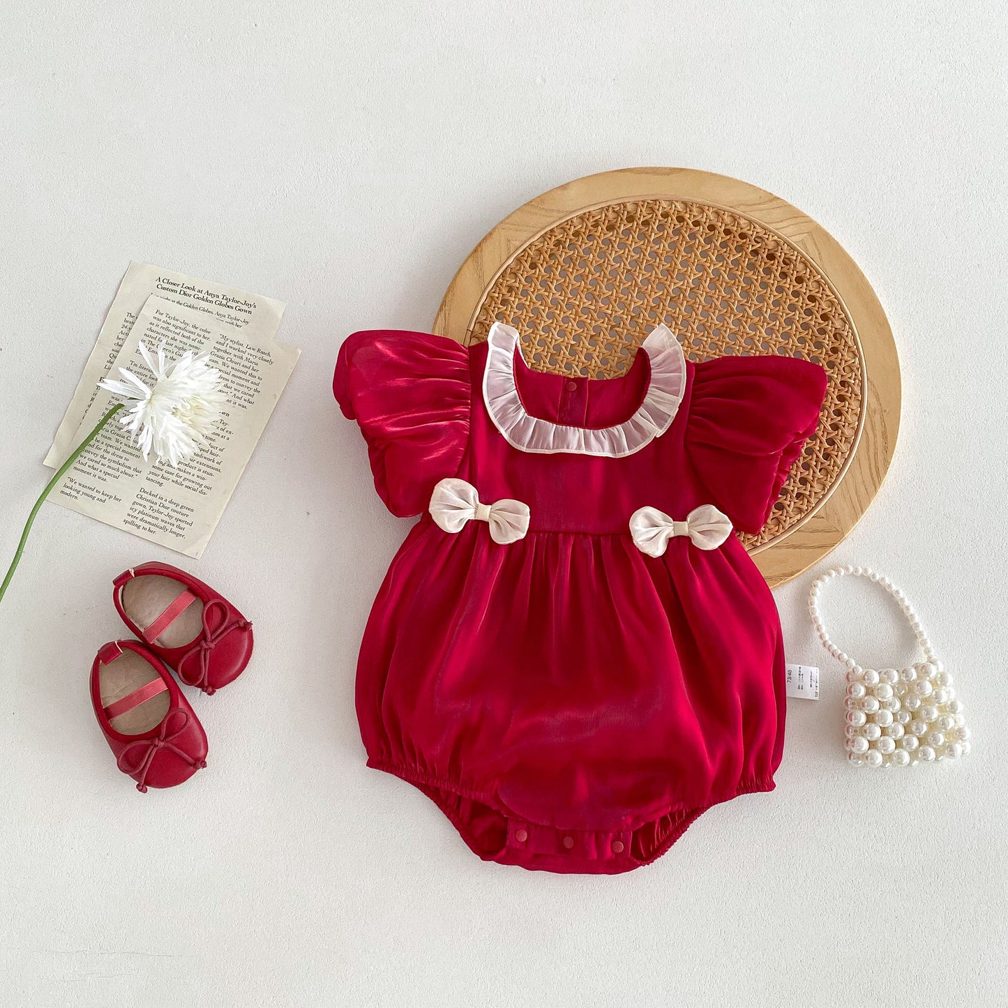 Summer New Arrival Baby Girls Short Sleeves Crew Neck Red Color White Bows Princess Onesie