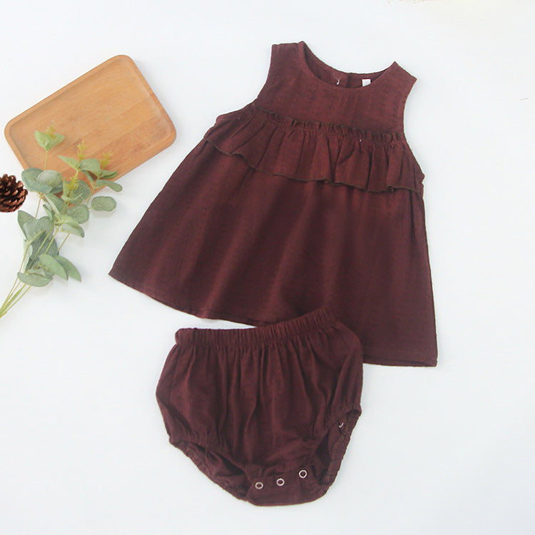 Summer Hot Selling Baby Girls Sleeveless Pleated Solid Color Top Vest Dress And Bloomers Clothing Set