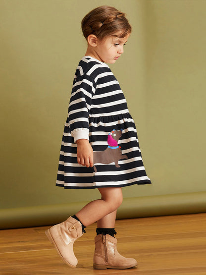 Arrival Autumn Girls Cartoon Dachshund Dog Pattern Crew Neck Long Sleeves Striped Dress