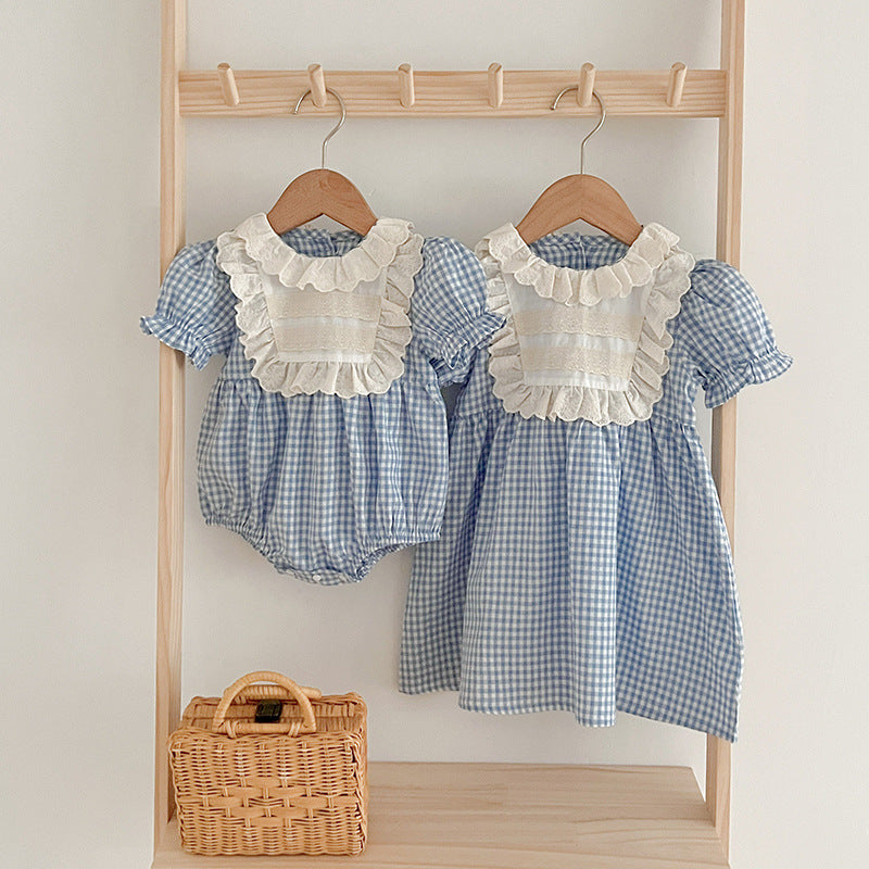 New Arrival Summer Girls Blue Plaid Noble Crew Neck Short Sleeves Onesies And Dress – Princess Sister Matching Set