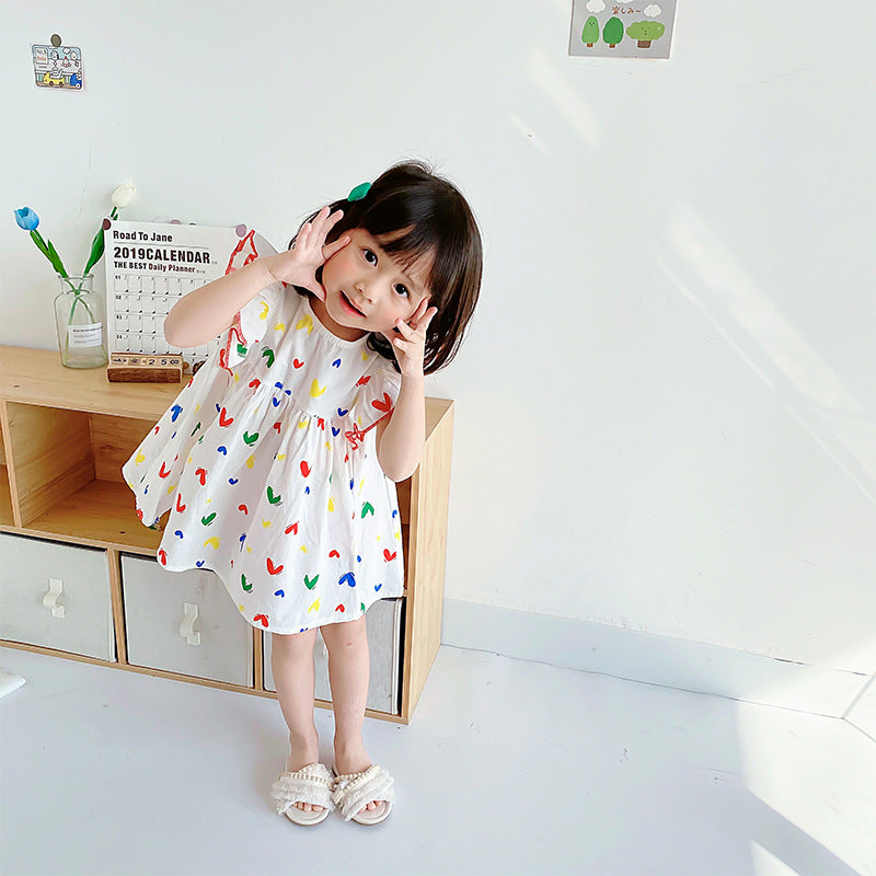 Vestido con mangas abullonadas y estampado de corazones de colores para niñas y bebés de verano más vendido 