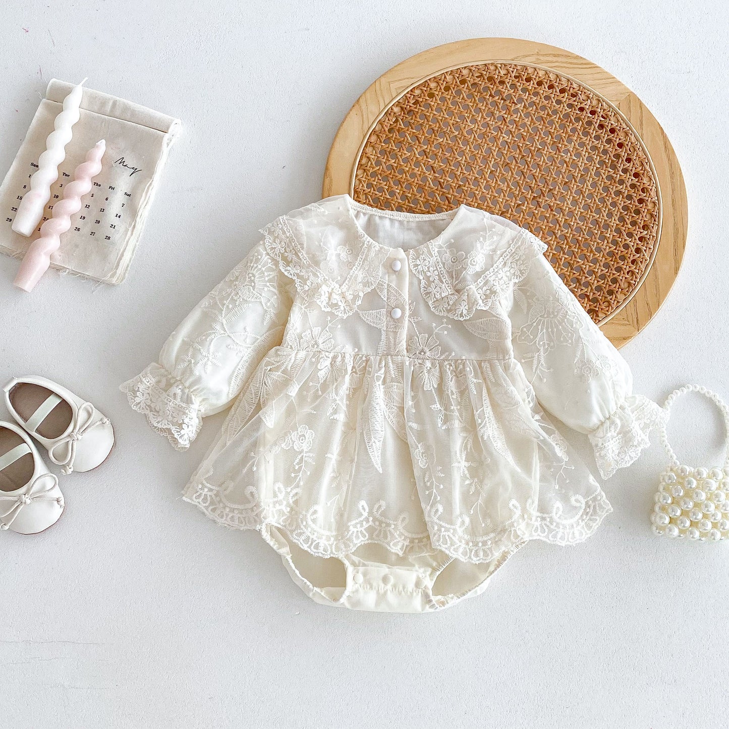 Autumn New Arrival Baby Girls Long Sleeves Beige Embroidery Onesies Dress