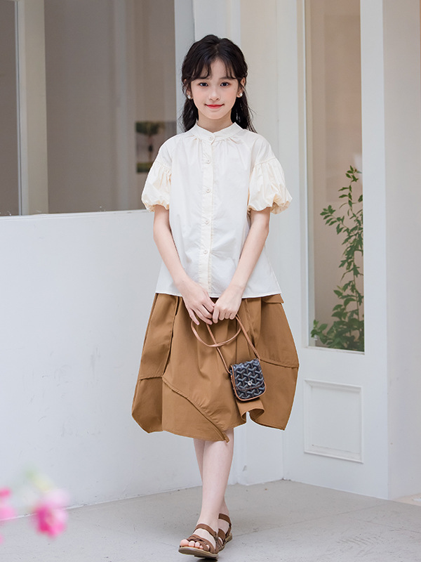 Summer Hot Selling Girls Solid Color Single Breasted Short Sleeves Shirt And Irregular Skirt Clothing Set