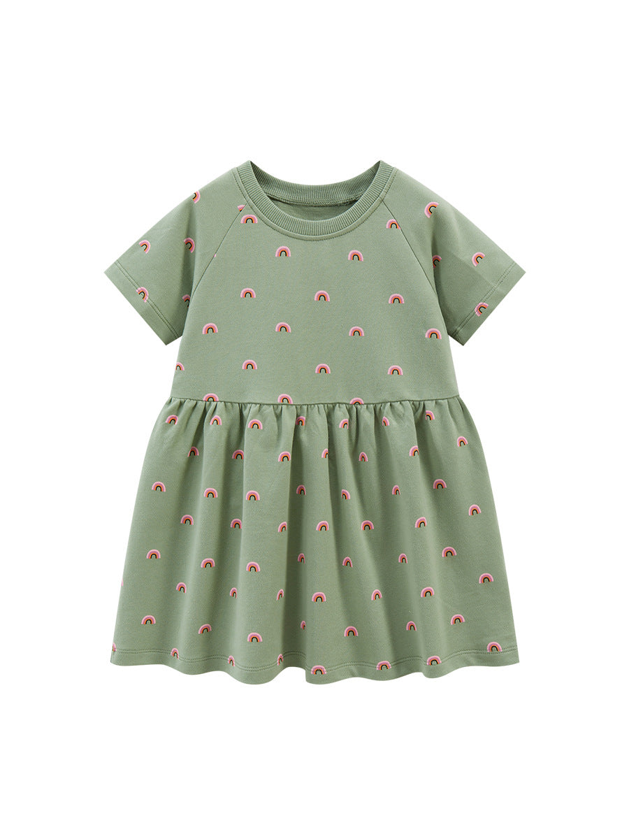 Spring And Summer Baby Girls Short Sleeves Rainbow Pattern Dress