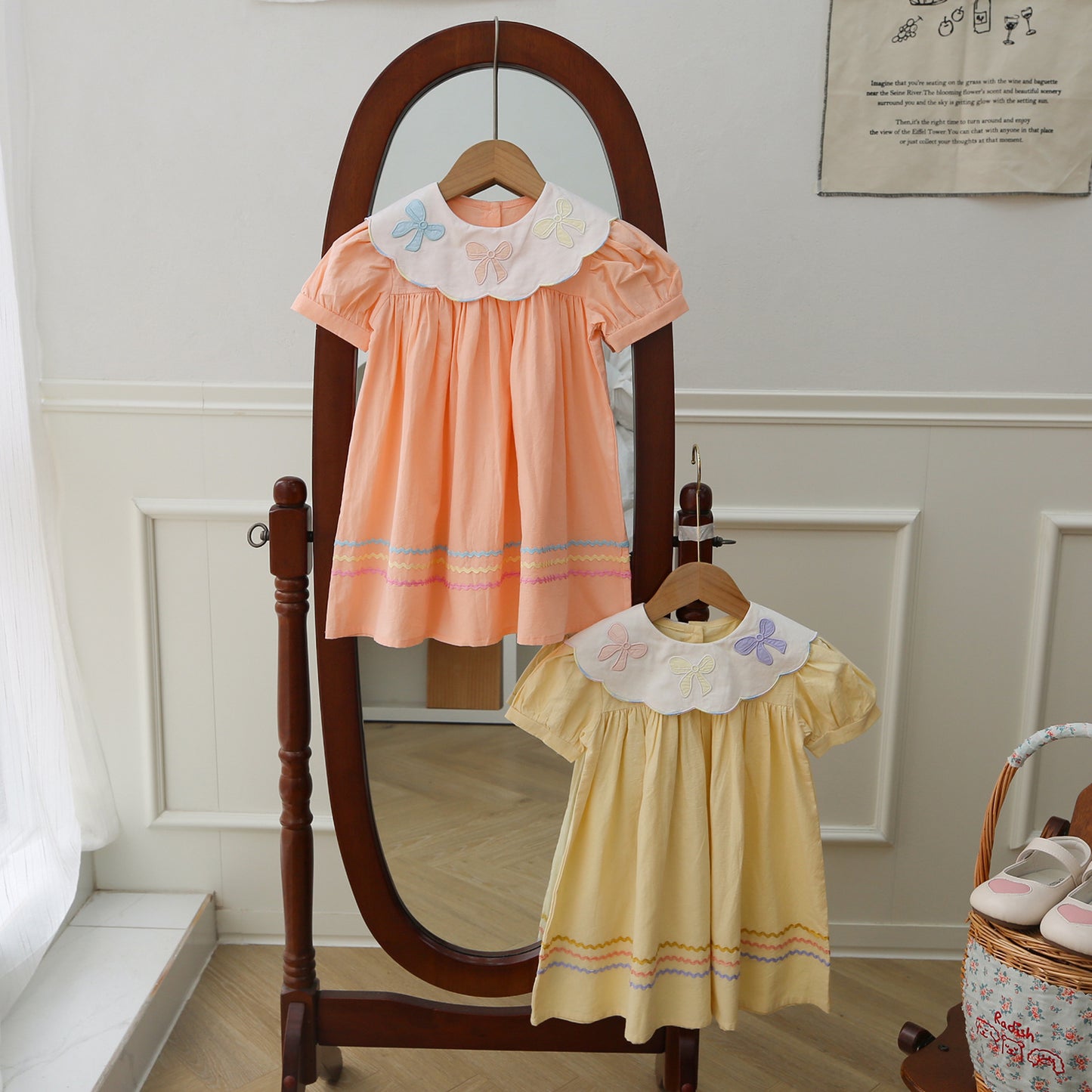 New Arrival Summer Kids Girls Colorful Bows Pattern Collar Short Sleeves Striped Dress