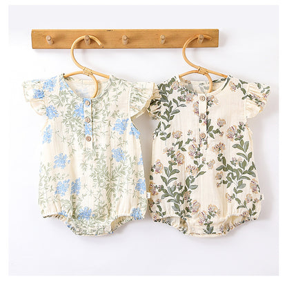 Summer New Arrival Baby Girls Plain Floral Print Fly Sleeves Crew Neck Onesies