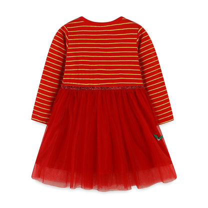 Girls’ European-American Style Santa Claus And Reindeer Embroidered Tulle Dress With Striped Pattern