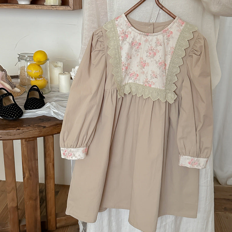 Vestido de retazos con estampado de flores y mangas largas con cuello redondo de princesa para niñas de otoño 