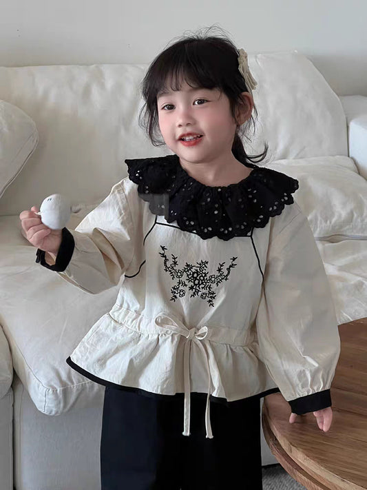 Arrival Autumn Baby Girls Long Sleeves Vine Embroidery Pattern Top and Solid Color Trousers – Clothing Set