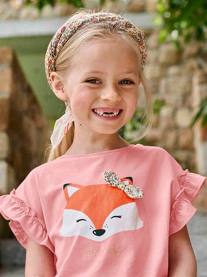 Girls’ Cute Fox Cartoon Pattern Short Sleeves T-shirt in European and American Style for Summer