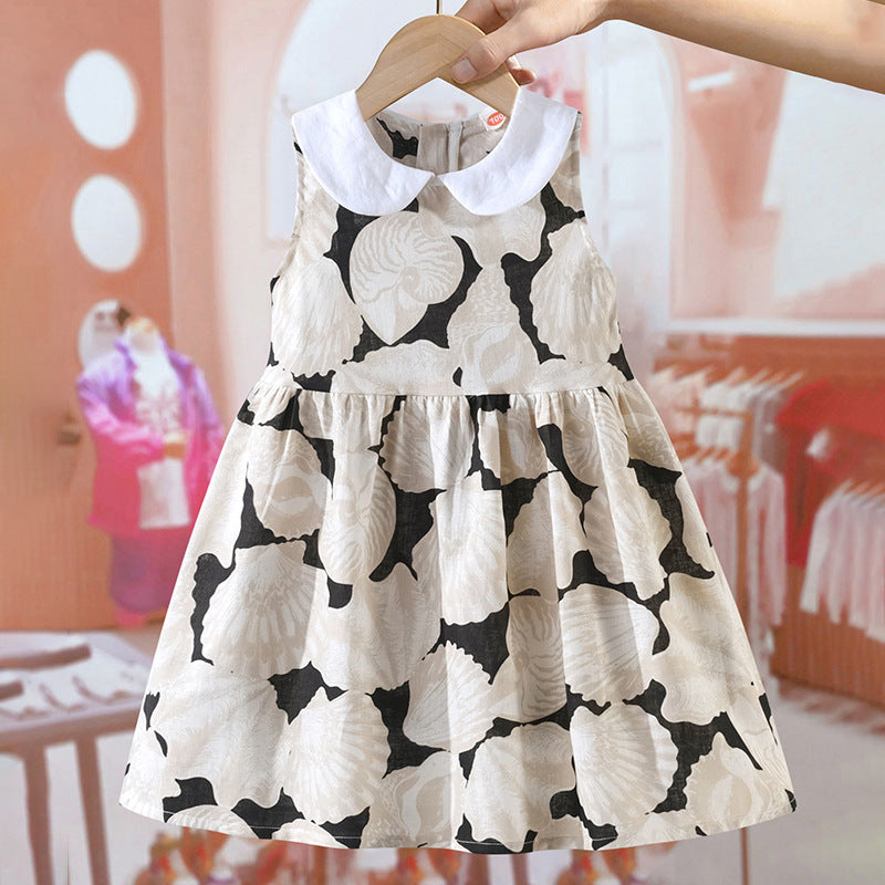 Vestido fino con cuello Peter Pan y estampado de caracol sin mangas para niñas de verano 