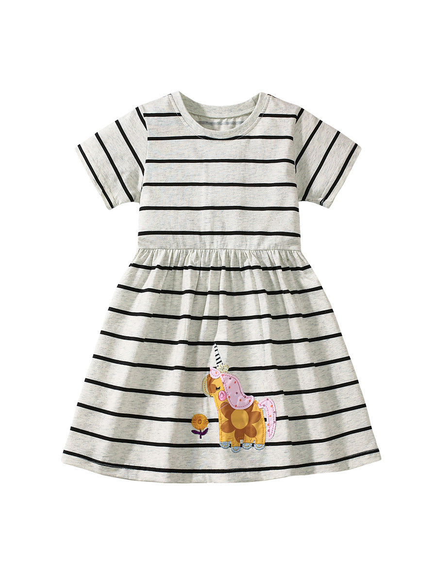 Summer Striped Dress for Girls, European and American Cute Animals Cartoon Pattern Dress