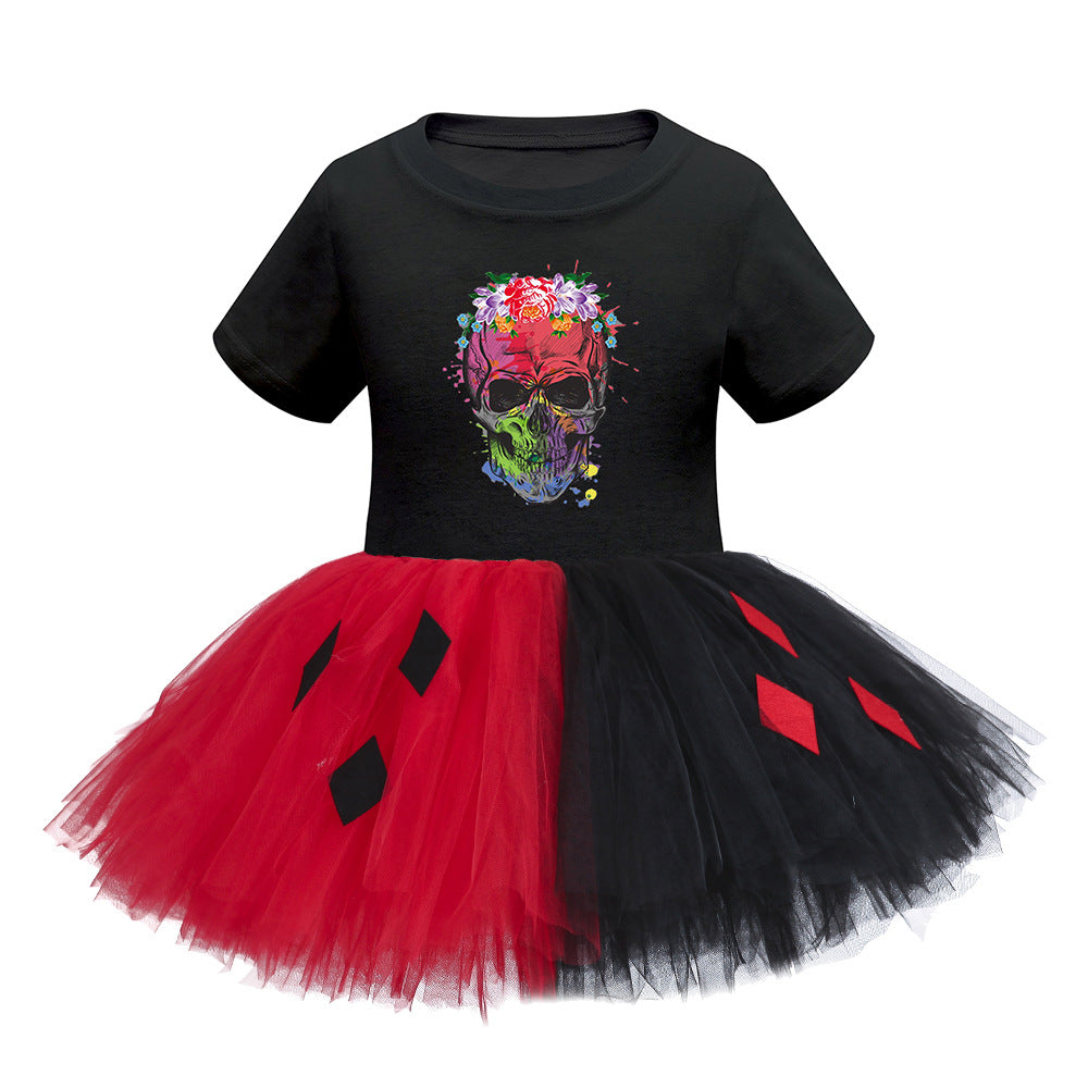 Disfraz de Halloween para niñas recién llegadas: vestido de tul con parches y estampado de dibujos animados de manga corta para fiesta de cosplay de brujas 