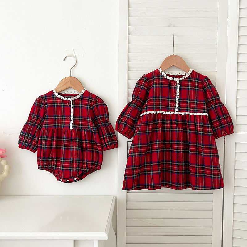 Arrival Autumn Vintage English Plaid Baby Kids Girls Ruffle Neck Onesies and Dress – Princess Sister Matching Set