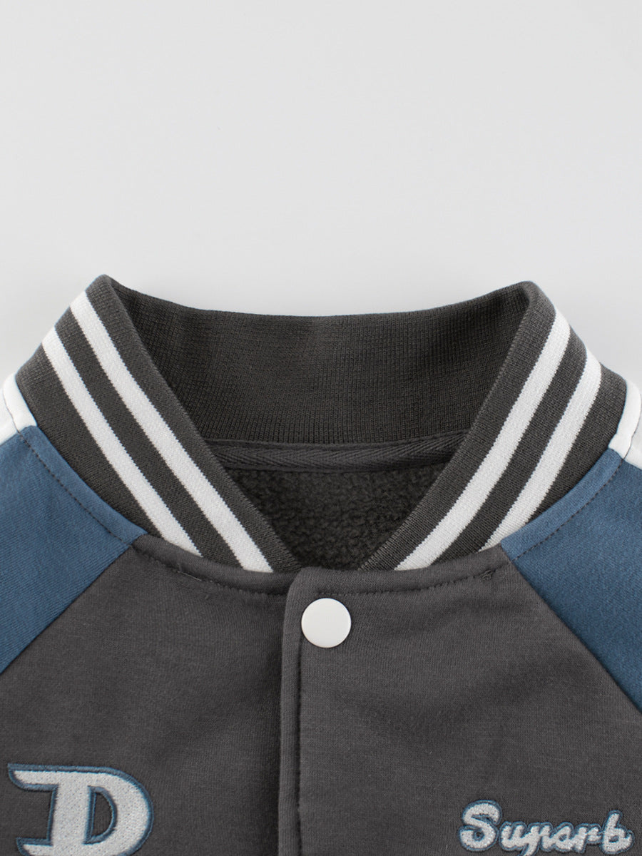 Boys and Girls Letters Pattern Contrast Design Single Breasted Baseball Coat