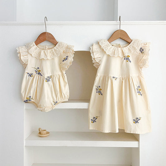 Summer Baby Girls French-style Flowers Embroidery Pattern Fly-sleeved Onesies and Dress – Princess Sister Matching