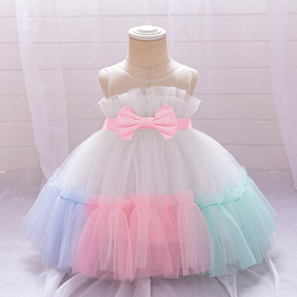 Summer Baby Kids Girls Princess Crew Neck Sleeveless 3D Butterfly Bow Colorful Mesh Dress