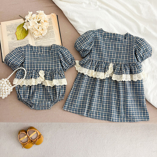 New Design Summer Baby Kids Girls Plaid Short Sleeves Crew Neck Onesies And Girls’ Dress – Princess Sister Matching Set