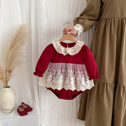 Autumn New Arrival Baby Girls Long Sleeves Hollow-out Collar Tulle Onesies