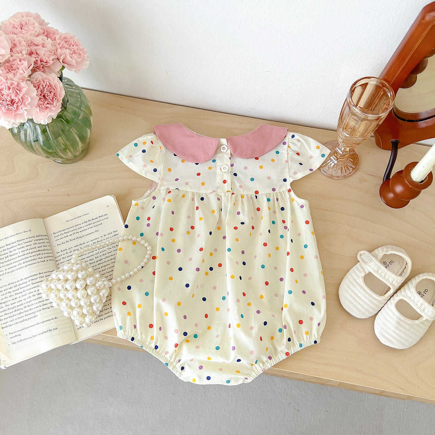 Hot Selling Summer Girls Colorful Dots Pattern Peter Pan Collar Thin Onesies