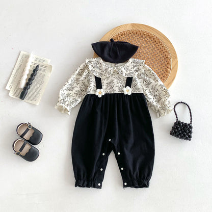 Autumn New Arrival Baby Kids Girls Flowers Pattern Long Sleeves Top and Black Overalls Strap Onesies Patchwork Casual Outfits Clothing