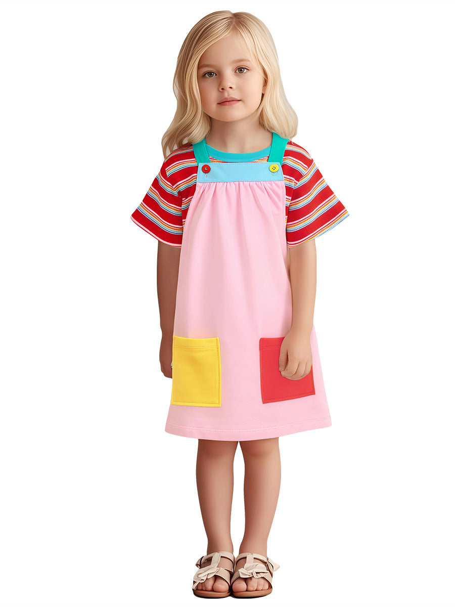 Arrival Summer Baby Girls Short Sleeves Simple Striped Top and Color Patchwork Sleeveless Dress