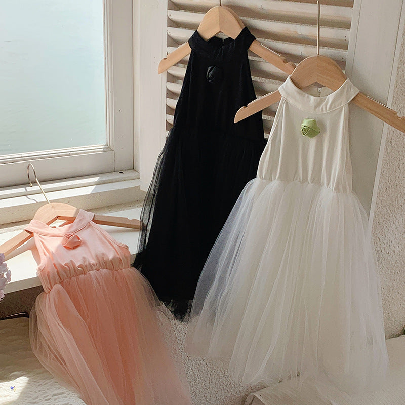 Summer Baby Kids Girls French Crew Neck Sleeveless 3D Flowers Mesh Patchwork Princess Dress