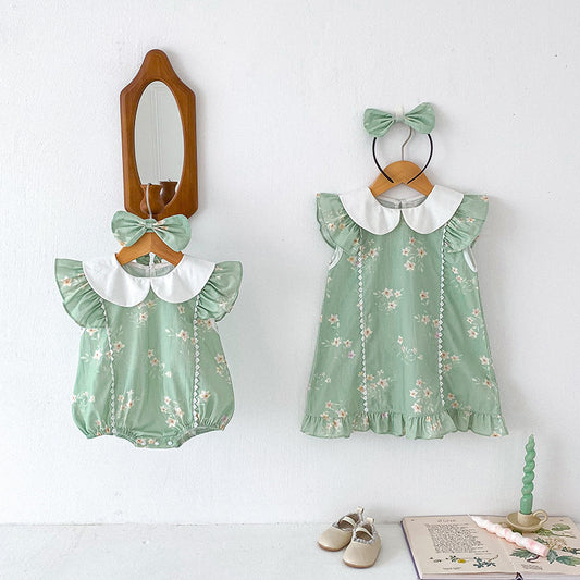 Conjunto de ropa a juego para hermanas con cuello Peter Pan y mangas abullonadas con estampado de flores de verano para niñas 