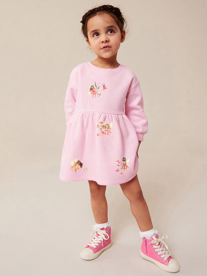 Design Autumn Girls Cartoon Fairy Pattern Crew Neck Long Sleeves Pink Princess Dress