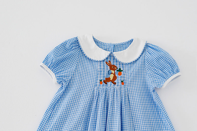 Summer Baby Kids Girls Short Sleeves Rabbit Embroidery Plaid Dress