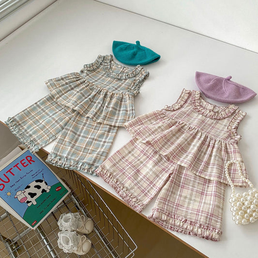 Conjunto de ropa informal de verano para bebés y niñas con chaleco sin mangas y pantalones cortos a cuadros 