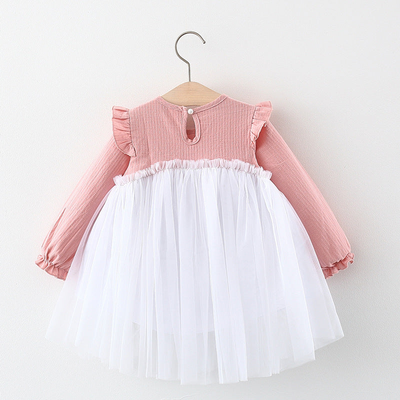 Autumn and Spring New Arrival Baby Girls Long Sleeves Tulle Patchwork Dress