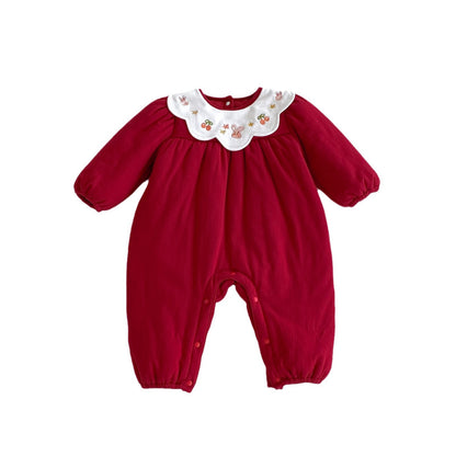 Winter New Arrival Baby Girls Cute Rabbits and Fruits Embroidered Pattern Warm Padded Thick Romper