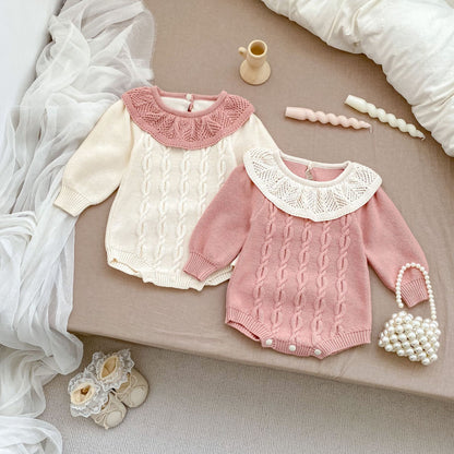 Autumn New Arrival Baby Girls Knitted Long Sleeves Jacquard Pattern Ruffle Collar Onesies