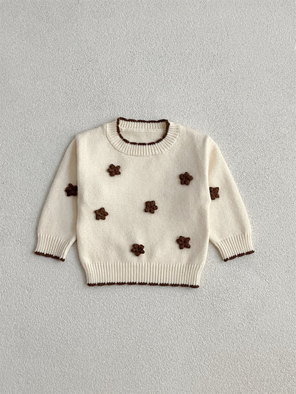 Autumn New Arrival Baby Kids Girls Comfortable Knitted Long Sleeves Pullover with 3D Flowers Embroidery Pattern