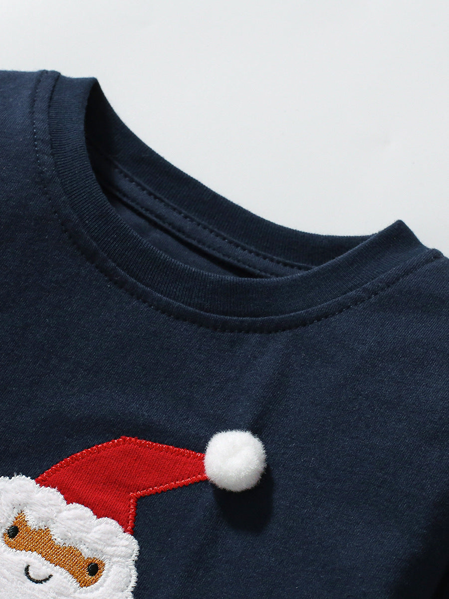 Llegada de otoño Camiseta de manga larga con estampado de Papá Noel de dibujos animados navideños para niños en estilo europeo y americano para el verano 