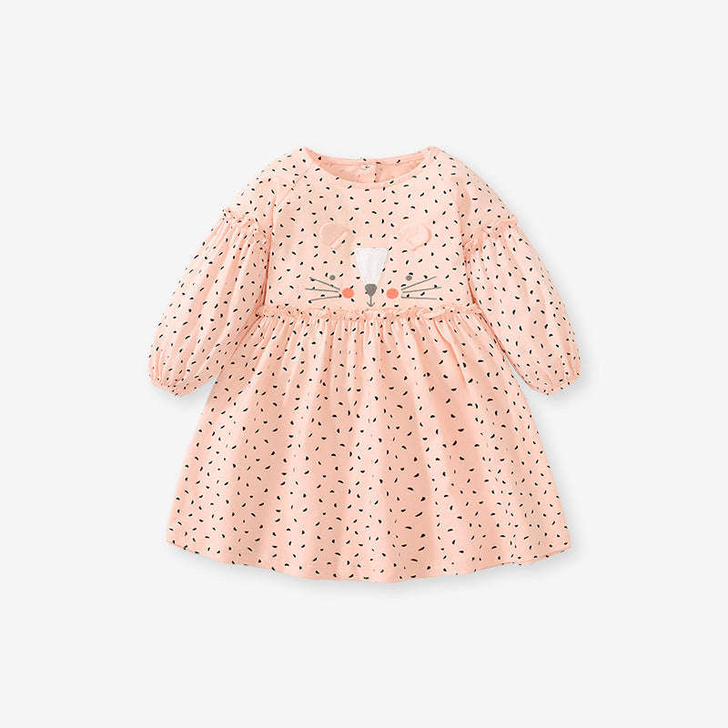 Vestido de primavera para niñas con diseño de gato bonito y manga larga con lunares rosas