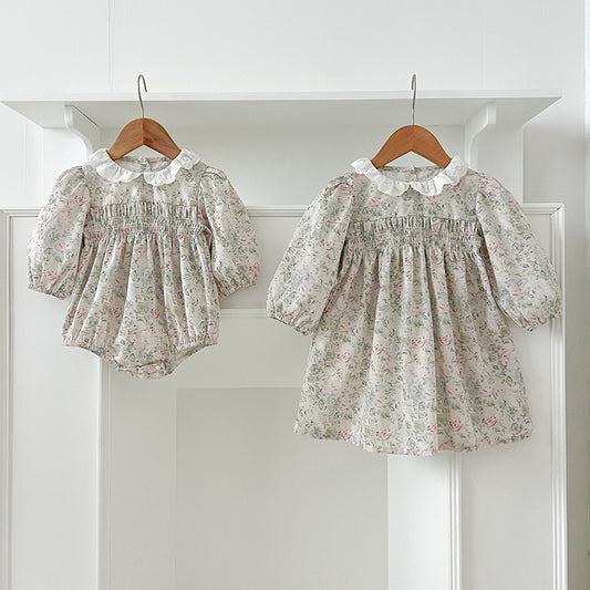 Conjunto de otoño para niñas y bebés, mono y vestido con cuello francés y estampado floral verde claro de manga larga, conjunto a juego para princesas y hermanas 