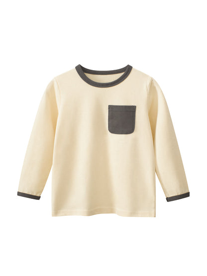 Autumn Baby Boys Color Patchwork Pocketed Long Sleeves Crew Neck Base Top Shirt