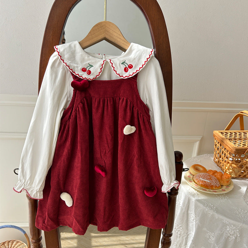 Autumn Girls Cherry Embroidered Long Sleeves Heart Pattern French Corduroy Dress